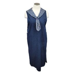 Vintage 90s Denim Blue Jean Maxi Dress Star Print Bandana Collar Western